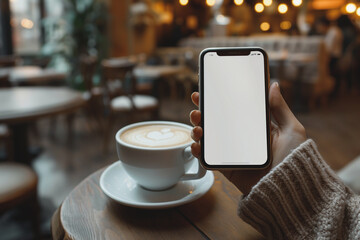 A person holding a cell phone next to a coffee cup on a table