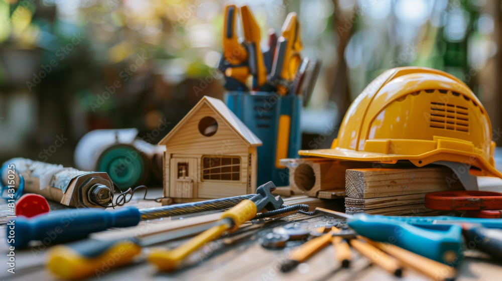 Poster an array of home improvement tools and a small wooden house model on a rustic wooden work table.