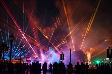 A spectacular nighttime laser show illuminating the theme park with dazzling beams of light and synchronized music, Generative AI