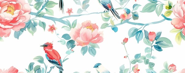 Obraz premium Seamless vintage watercolor with peonies and birds.
