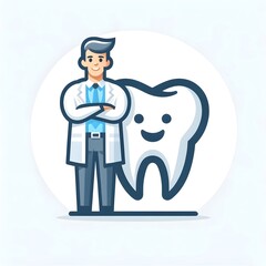 Fototapeta premium Friendly Male Dentist Cartoon with Smiling Tooth, Professional Dental Care Concept in Light Blue Color - Perfect for Healthcare and Medical Websites