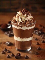 A delicious chocolate pudding in a glass dish with whipped cream and powdered cocoa. 