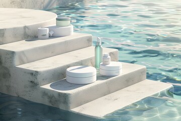 3d product display scene for summer cosmetic kit. Plastic serum bottle and cream jar set on concrete stair beside water. Concept of beach and island vacation