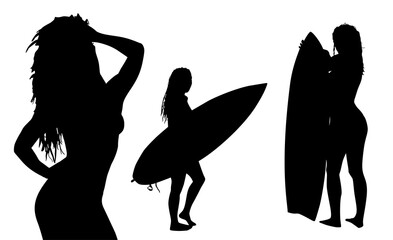 surfistas, contraluz, vector, tabla, surf, mar, atardecer, mujer surfista, silueta, tablista,...