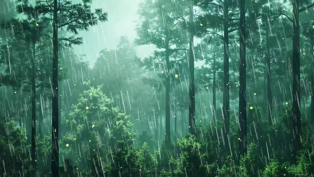nature background with pine forest during rainstorm lush trees. seamless looping overlay 4k virtual video animation background