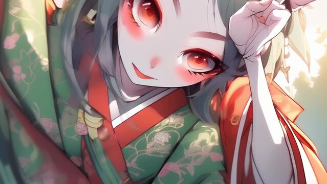 A cheerful anime girl with bright red eyes and a traditional green kimono adorned with floral patterns makes a peace sign. 