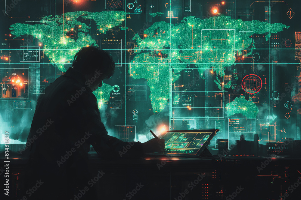 Poster a man is sitting at a desk with a computer monitor in front of him