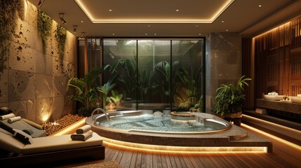 A luxury spa suite with private jacuzzi, ambient mood lighting, and plush surroundings.