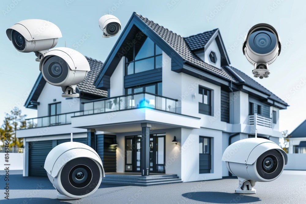 Poster implementing isolated security measures with cameras and alarm systems enhances protection, employin