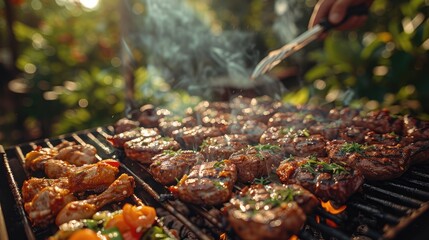 outdoor barbecue grill with various meat and vegetable plates, hand holding tongs to turn the ingredients over fire, blurred background showing people enjoying their food at home or in nature - Powered by Adobe