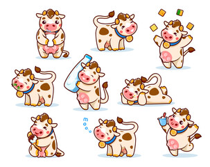 Cartoon cute cow characters with milk, happy animals of dairy farm vector personages. Funny kawaii cows with cute udders and horns, bells, glass and bottle of milk, grass, cheese and ice cream