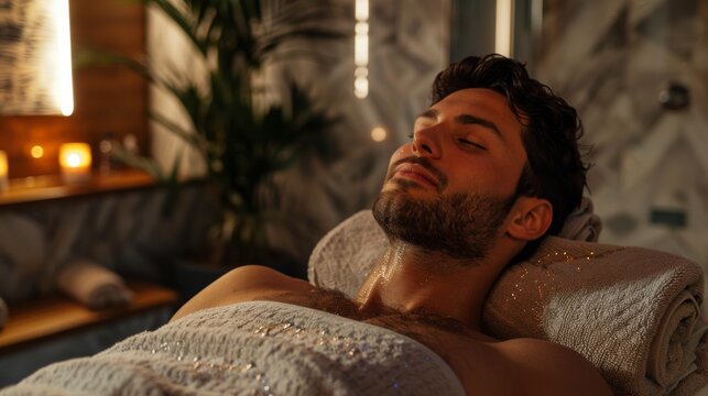 A man receiving a massage in an exclusive men spa club with a refined and masculine design.