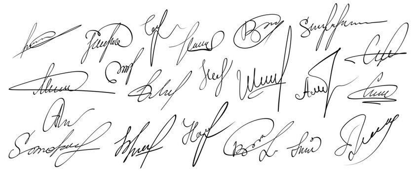 Autograph or business signature of facsimile handwritten by pen, isolated vector set. Name or Surname personal signatures in letters, handwriting ink pen or facsimile fake examples for documents