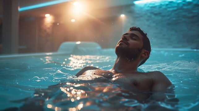 A man relaxing with an underwater massage in a spa pool with jets and soft underwater lighting.