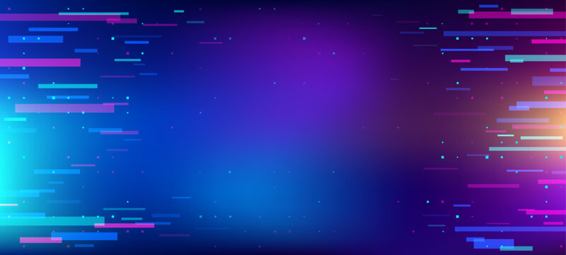 Game background glitch. Vector abstract pattern with digital pixel noise in blue and purple hues. Retro gaming backdrop with data error effect. Static technology texture and gamer no signal graphics