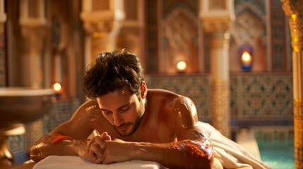 A man undergoing an acupressure massage in a spa with traditional Eastern decor.