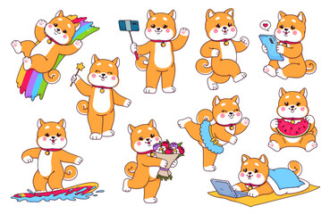 Obraz premium Cartoon Japanese happy Shiba Inu puppy dog characters and cute kawaii pets, vector personages. Happy Shiba Inu puppy dogs on rainbow with flowers, dancing or magic wand and chatting on mobile phone