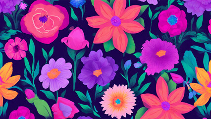 A Pattern Featuring A Variety Of Spring Flowers In Full Bloom. Purple Based