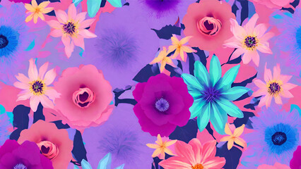 A Pattern Featuring A Variety Of Spring Flowers In Full Bloom. Purple Based