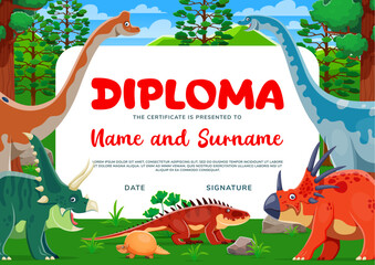 Kids diploma with funny dinosaurs. Cartoon dino characters preschool education certificate or kindergarten graduation diploma vector template. Funny triceratops, brontosaurus and dimetrodon personages © Vector Tradition