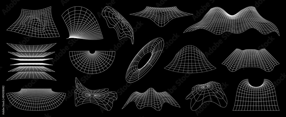 Aufkleber Wireframe grid and mesh, futuristic net. 3d vector set of cyber neo futuristic shapes, wavy geometric perspective plane. Abstract structures deformation, flowing surface. 80S cyberpunk meshy elements