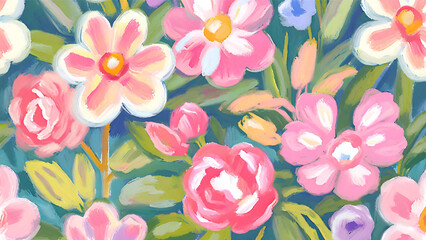 A Pattern Featuring A Variety Of Spring Flowers In Full Bloom Oil Based Paint