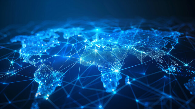 "Abstract map of the world, showing global connections and internet technology, international data sharing and cyber networking, worldwide commerce, info exchange, and telecom"
