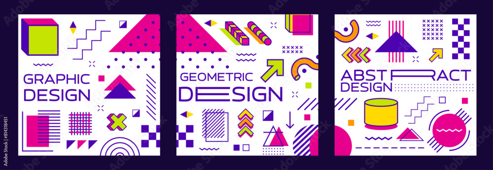 Poster Abstract geometric square Memphis banners with minimal line shapes and figures, vector backgrounds. Memphis pattern posters with abstract geometric figures and isometric elements of arrows and circles