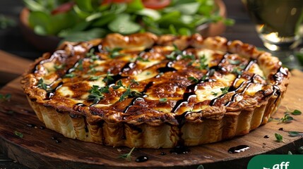 A freshly baked goat cheese tort served with salad at a cafe or restaurant. 