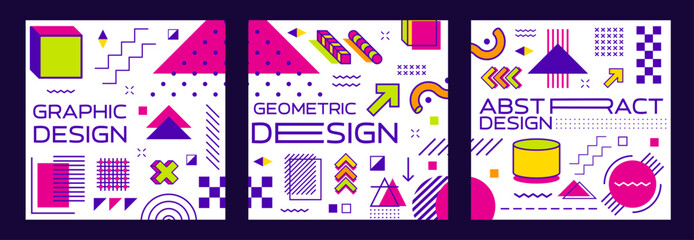 Abstract geometric square Memphis banners with minimal line shapes and figures, vector backgrounds. Memphis pattern posters with abstract geometric figures and isometric elements of arrows and circles