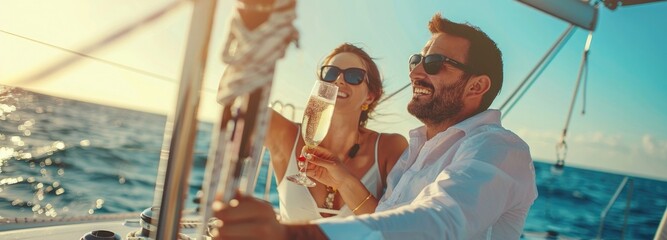 Beautiful couple drinking champagne while having party in yacht. Young man and woman hanging out, celebrating anniversary honeymoon trip while catamaran boat sailing during summer