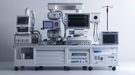Anesthesia machine with multiple vaporizers and patient monitoring screen.