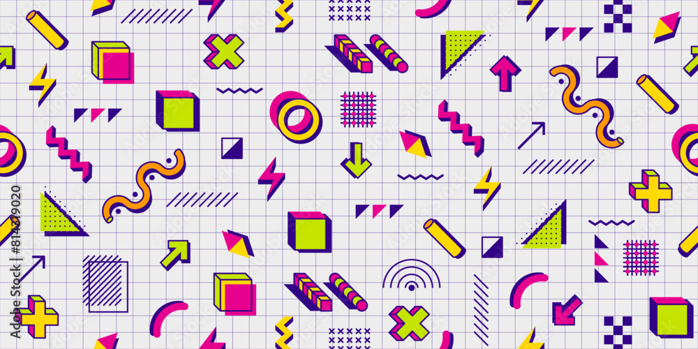 Poster 80s 90s Memphis pattern background. Vector seamless abstract geometric ornament with retro modern shapes and elements on checkered notebook page. Vibrant decorative tile with bright creative figures
