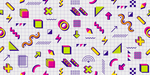 80s 90s Memphis pattern background. Vector seamless abstract geometric ornament with retro modern shapes and elements on checkered notebook page. Vibrant decorative tile with bright creative figures