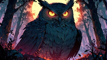 Illustration of a terrifying owl-like creature, dark magic and mythical beasts, glowing red markings, cinemtic look