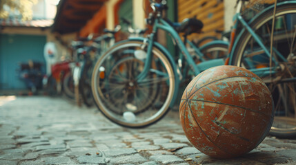 Fototapeta premium Old, rusty bicycle leaning against a wall with a worn basketball on a cobblestone street.