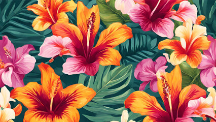 Seamless Pattern of Exotic Hibiscus, Bird of Paradise, and Orchids