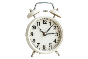 Isolated vintage alarm clock with a ringing bell wakes you up on time