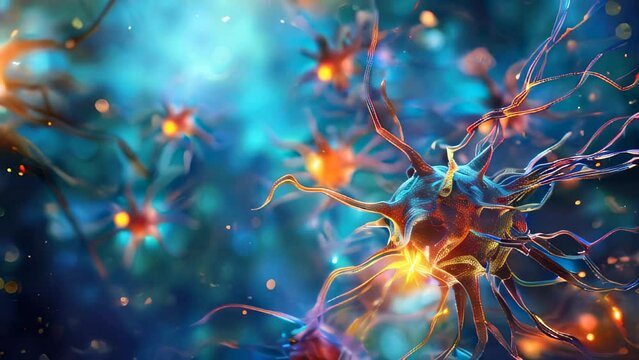 Neuronal cells and synapses with vibrant colors against blue background