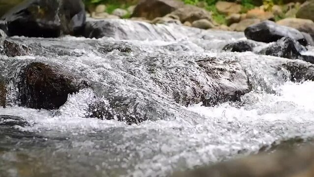 The flow of water flows fast in a clean river at the foot of Mount