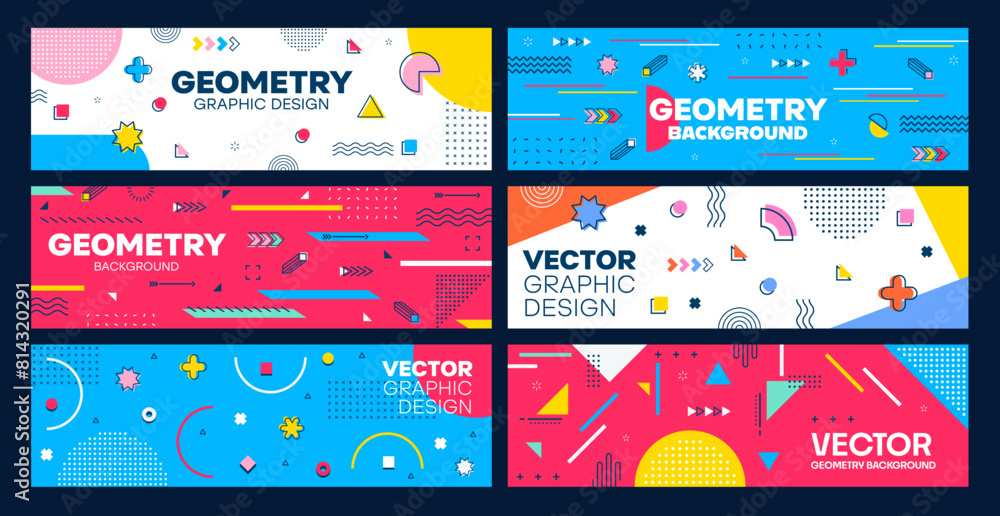 Poster Modern geometric Memphis abstract banners. Horizontal vector cards with vibrant colors, bold patterns and eclectic shapes, creating dynamic and visually striking design that capture vibes of 80s ethos