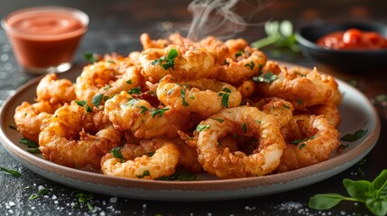 Delicious fried Calamari, or onion rings, served on a platter at a restaurant with a side dipping sauce. 