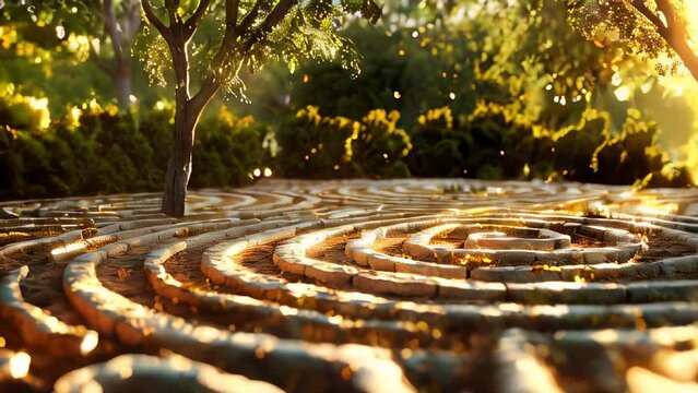 Sunlight breaking through trees onto paved labyrinth path in serene park setting at sunrise or sunset