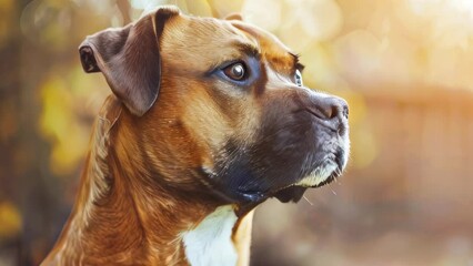 Brown dog with thoughtful expression against blurred autumnal background