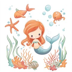 Obraz premium A cute cartoon mermaid with long red hair and a green tail