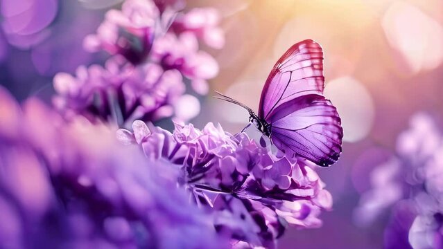 Purple butterfly on lilac flowers with bokeh background