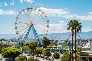 Fototapeta premium An exhilarating Ferris wheel offering panoramic views of the entire theme park and surrounding landscape, Generative AI