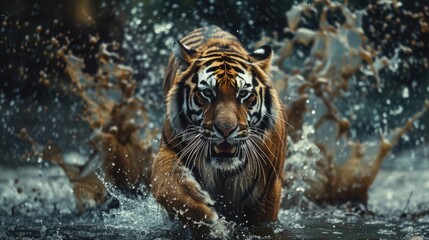 Siberian tiger, Panthera tigris altaica, low angle photo direct face view, running in the water...