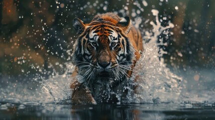 Siberian tiger, Panthera tigris altaica, low angle photo direct face view, running in the water directly at camera with water splashing around. Attacking predator in action. Tiger in taiga environment