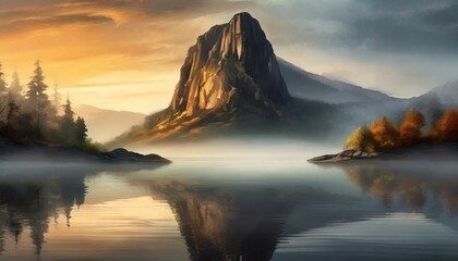 Majestic mountain at sunrise, casting a golden reflection on the calm lake